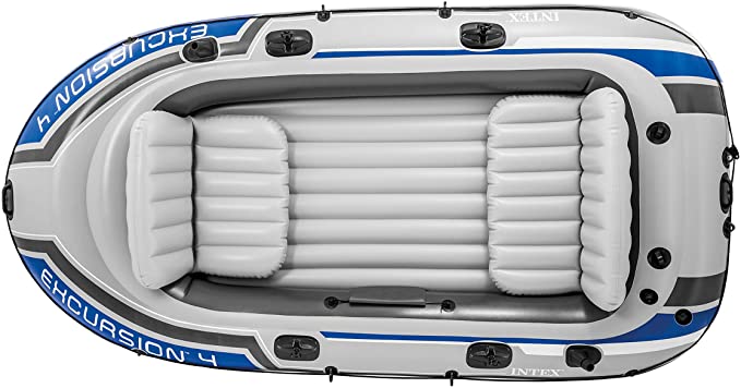 Intex Excursion 4, 4-Person Inflatable Boat Set with Aluminum Oars and High Output Air Pump - Perfect for Lakes, Rivers and the Sea